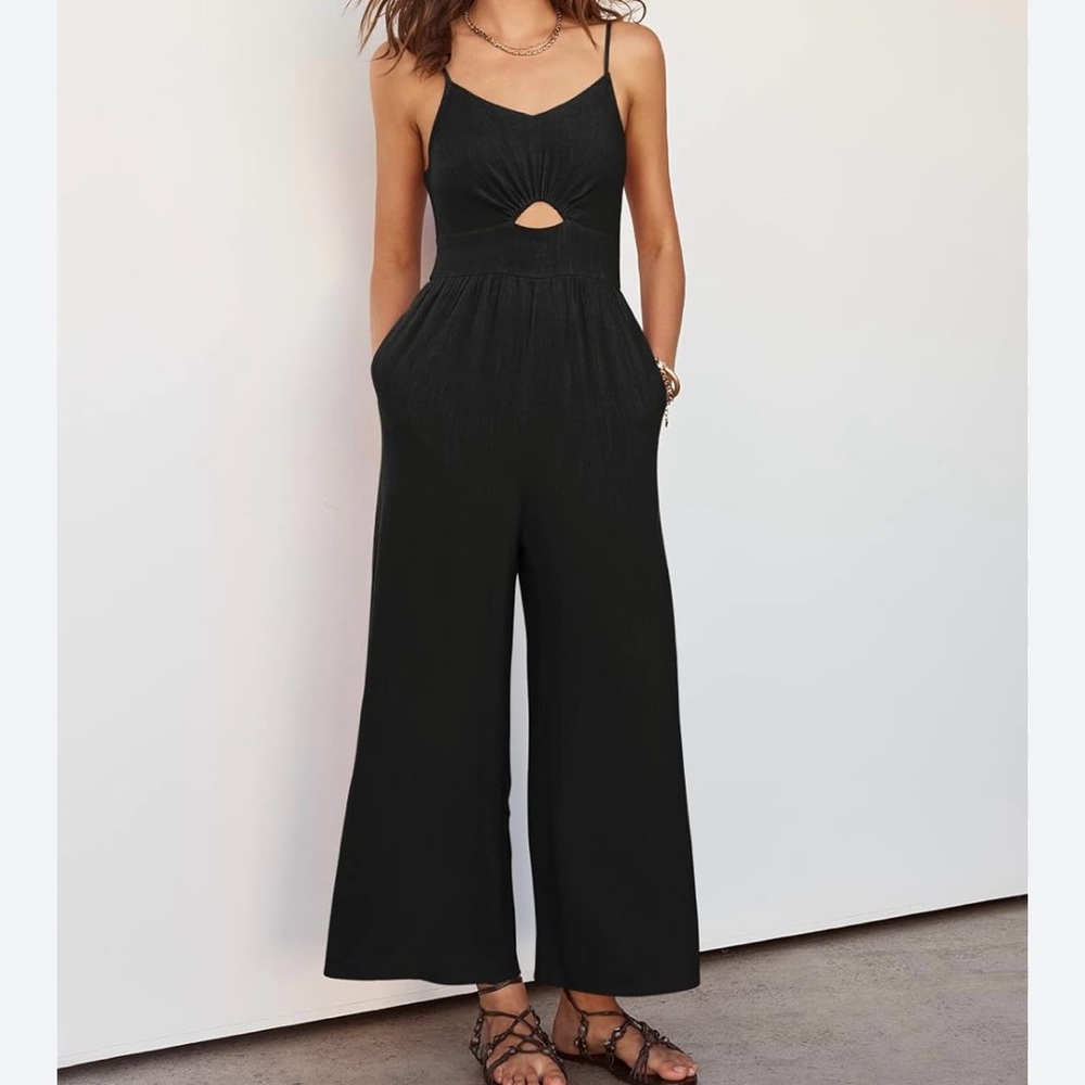 ୨୧ ・゚✧ ANRABESS Causal Spaghetti V Neck Cutout Linen Wide Leg One Piece Jumpsuit - Picture 1 of 8